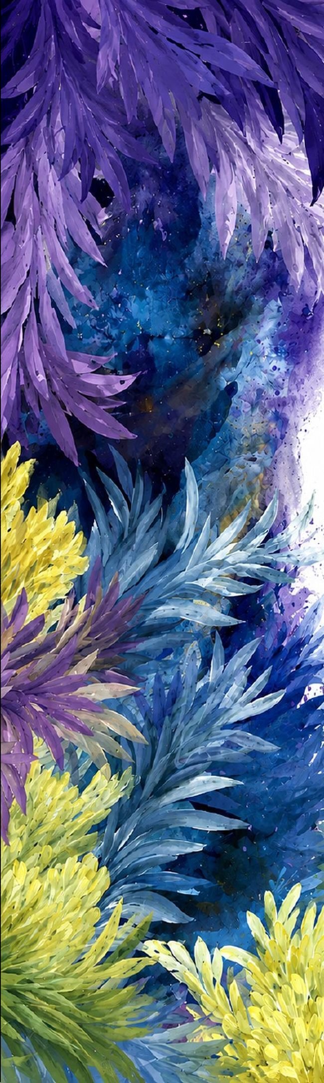 Ilustración en acuarela de plumas y flores en tonos violeta, azul y verde oliva, obra de María Regina Linares